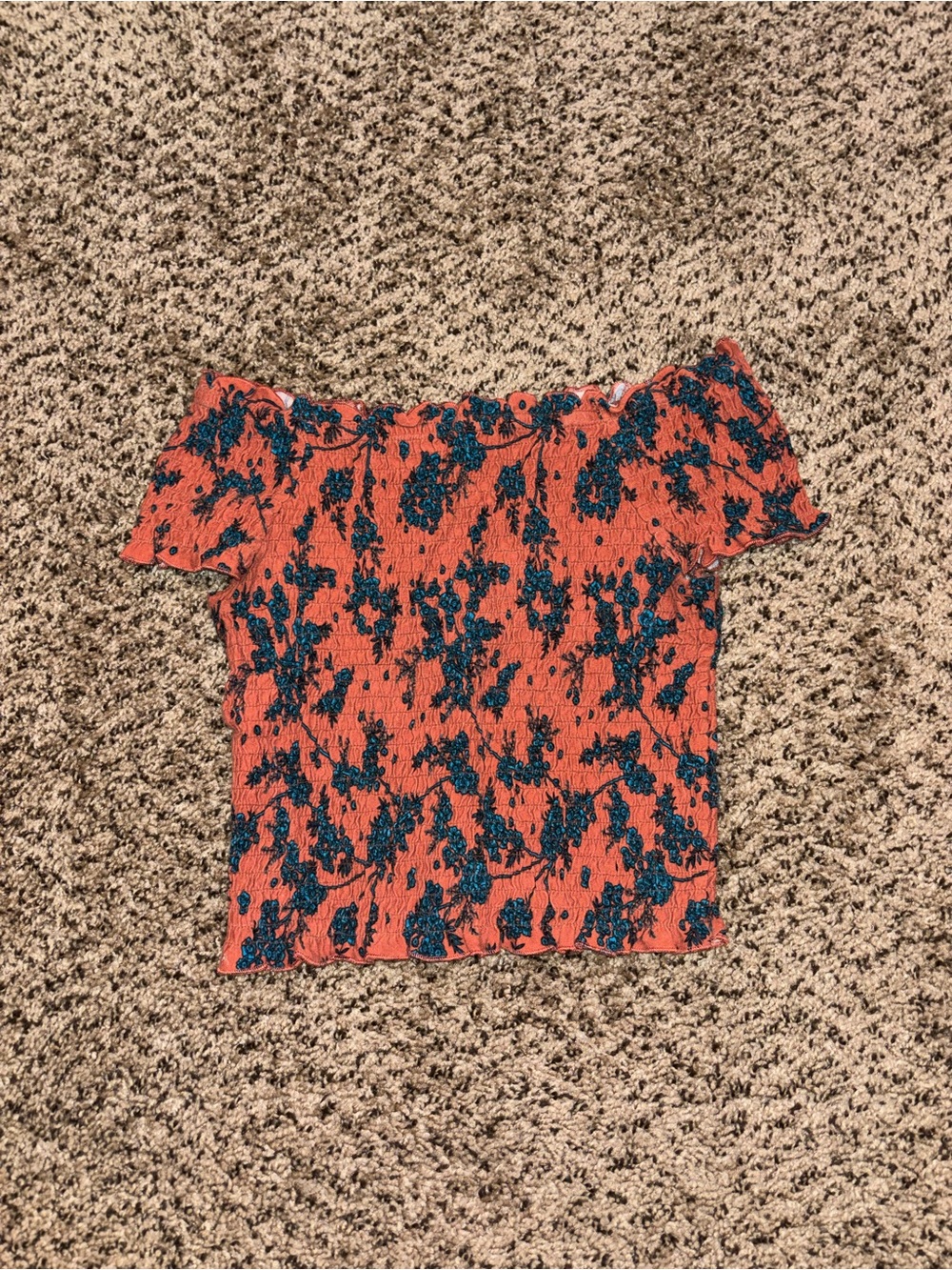 Polly & Esther Rust Off-Shoulder Crop Top with Teal Floral Print